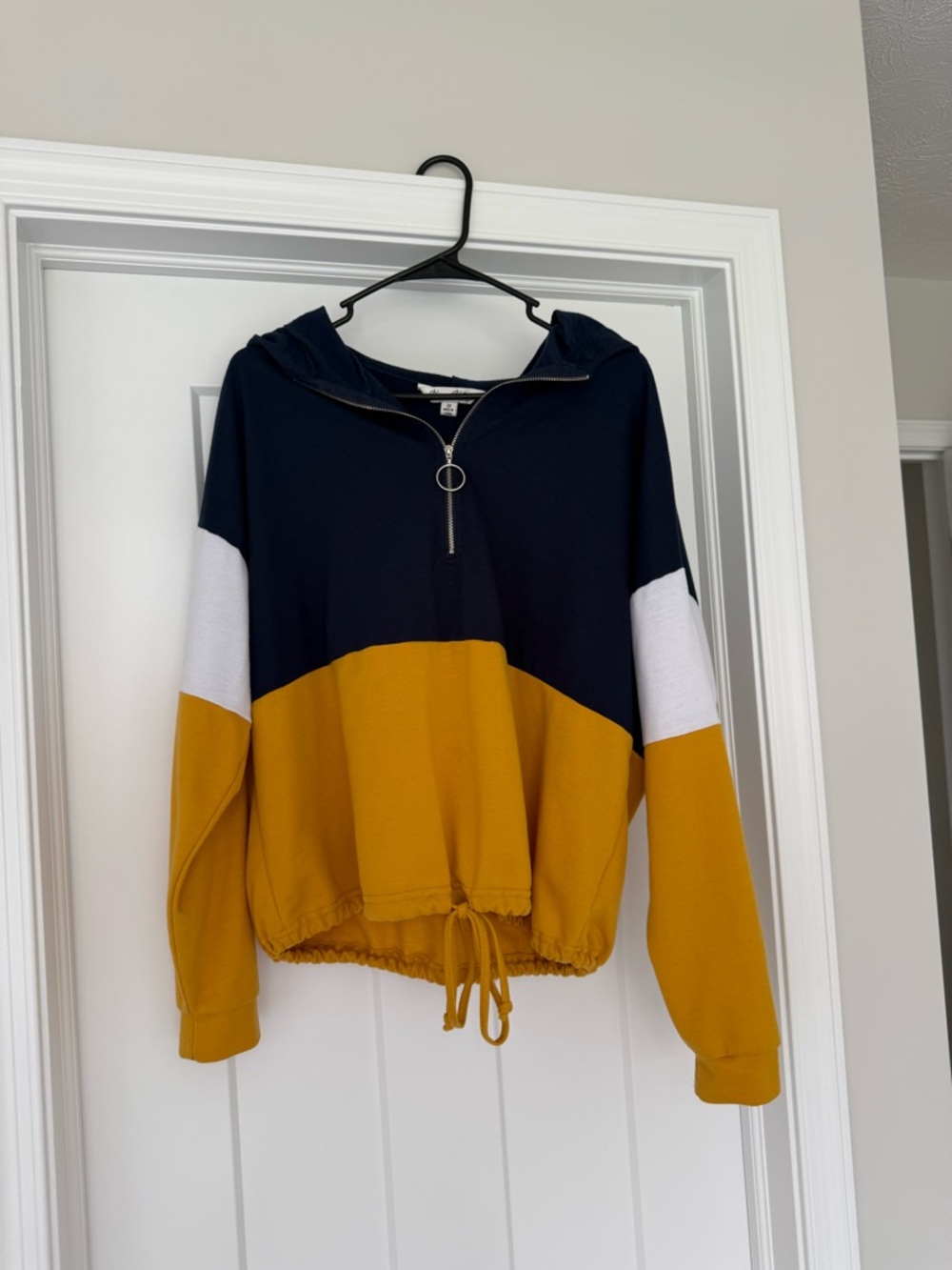 Colorblock Half-Zip Hooded Pullover Sweater - Navy, Mustard & White
